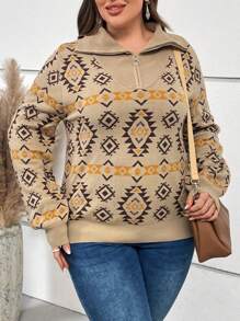 EMERY ROSE Talla grande Jersey con patrón geométrico con cremallera media de hombros caídos - Multicolor - Ver 3