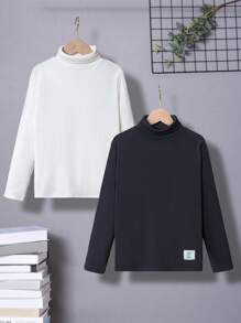 SHEIN 2入組男大童字母補丁細節高領T恤 - 彩色 - 查看 9