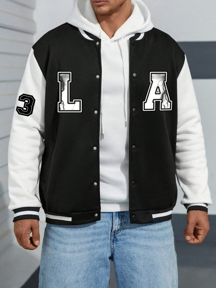 Aesthetic Post 男士加字母圖案兩色校隊夾克（不帶連帽衫） - 彩色 - 查看 1