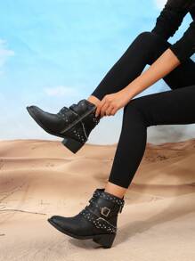 Botas de moda con detalle de remaches y cadena de tacón medio para mujer con estilo punk - Negro - Ver 3