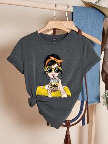 SHEIN LUNE 可愛少女肖像印花圓領短袖女T恤，適用於夏季咖啡館 - 深灰色 - 查看 4