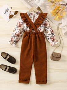 SHEIN 女小童印花荷葉袖上衣和荷葉邊背帶連身褲 - 棕色 - 查看 2