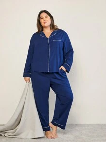LUVLETTE Autumn And Winter Women Plus Soft Cotton & Modal Dark Blue Basic Long Women Pajama Set Lounge Set Fall Pajamas Clothes