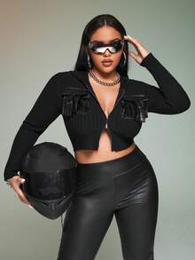 SHEIN ICON 大碼翻蓋口袋拉鏈開襟短款開衫 - 黑色 - 查看 2