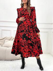 SHEIN 孕婦印花荷葉邊燈籠袖洋裝 - 酒紅色 - 查看 4