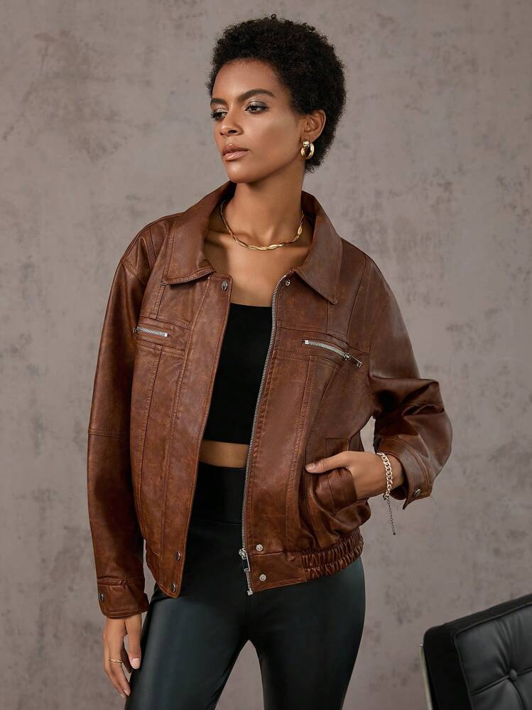 Aveloria Zip Up PU Leather Jacket Fall Cloth For Women - Rust Brown - View 4