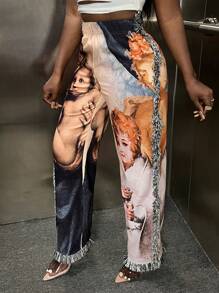 Slaydiva Figure Graphic Fringe Trim Pants - Multicolor - View 3