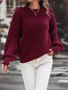 SHEIN LUNE 素色落肩袖套頭毛衣 - 酒紅色 - 查看 4