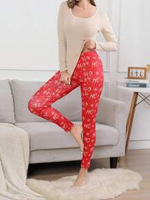 Christmas Solid Tee & Letter Graphic Leggings PJ Set / Pajama Set - Multicolor - View 3