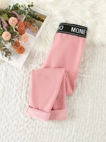 SHEIN 女大童腰部字母條帶加絨內裏紙巾緊身打底褲 - 粉色 - 查看 1