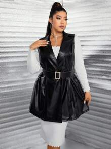 SHEIN Unity Plus Plicated Detail PU Leather Vest Coat With Belt - Black - View 1
