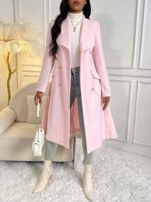 SHEIN LUNE 青果領雙排釦翻蓋口袋花呢外套 - 粉色 - 查看 1