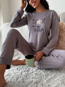 SHEIN Cottnline Slogan Graphic Ribbed Knit Lounge Set - Brown - View 1