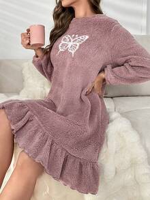 Butterfly Embroidery Ruffle Hem Flannel Lounge Dress - Brown - View 6