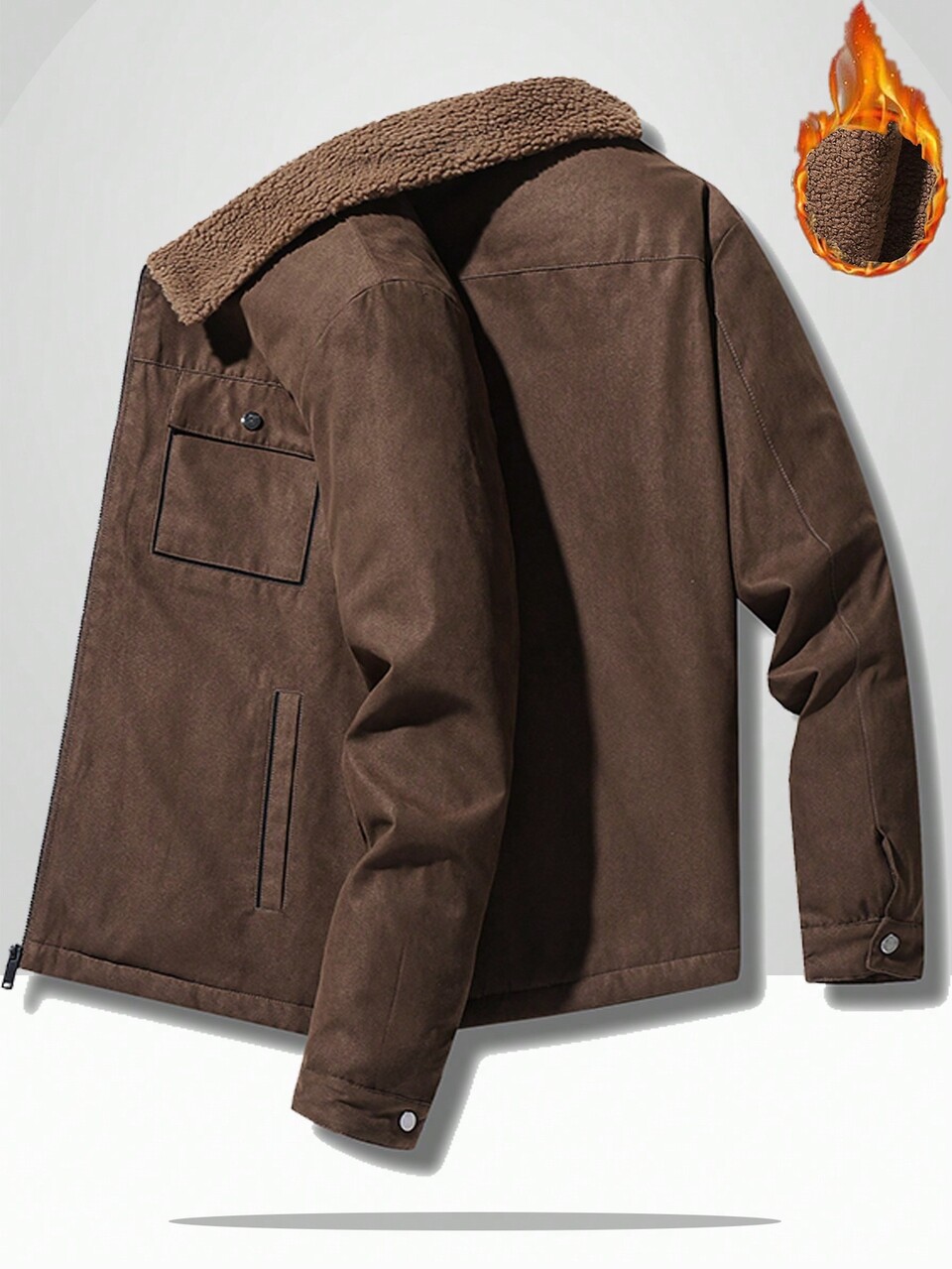 Men's Ultra-Oversized Flap Pocket Teddy Thermal Lined Zipper Front Jacket,Coffee Brown,Winter,Modest,Hiking Warm Long Sleeve Outerwear Gifts For Him