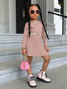 SHEIN 女小童素色條紋針織毛衣洋裝不附腰帶 - 粉色 - 查看 5