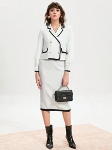 Aveloria Contrast Binding Blazer & Skirt Set - Black and White - View 4