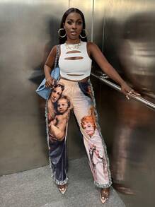 Slaydiva Figure Graphic Fringe Trim Pants - Multicolor - View 6