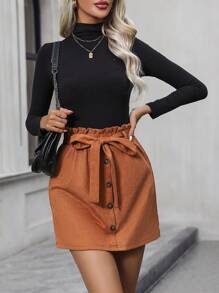 SHEIN Clasi 紙袋腰腰帶燈芯絨半身裙 - 棕色 - 查看 6