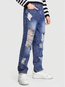 ROMWE MEN Street Life 男款破洞牛仔褲 - 藍白色 - 查看 5