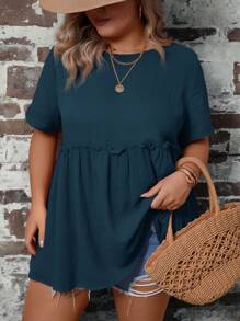 SHEIN LUNE Plus Solid Frill Trim Peplum Blouse - Navy Blue - View 1