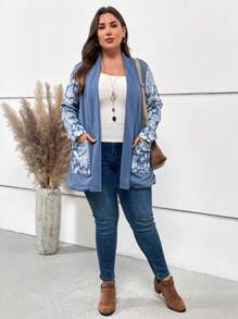 EMERY ROSE Plus Floral Print Open Front Coat - Blue - View 4