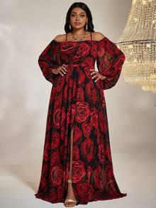 大碼印花一字肩高衩雪紡洋裝 - 紅色 - 查看 6