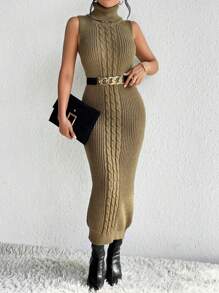 SHEIN Privé Áo len dệt kim cao cổ không có thắt lưng - Màu nâu  Mocha - Xem 1