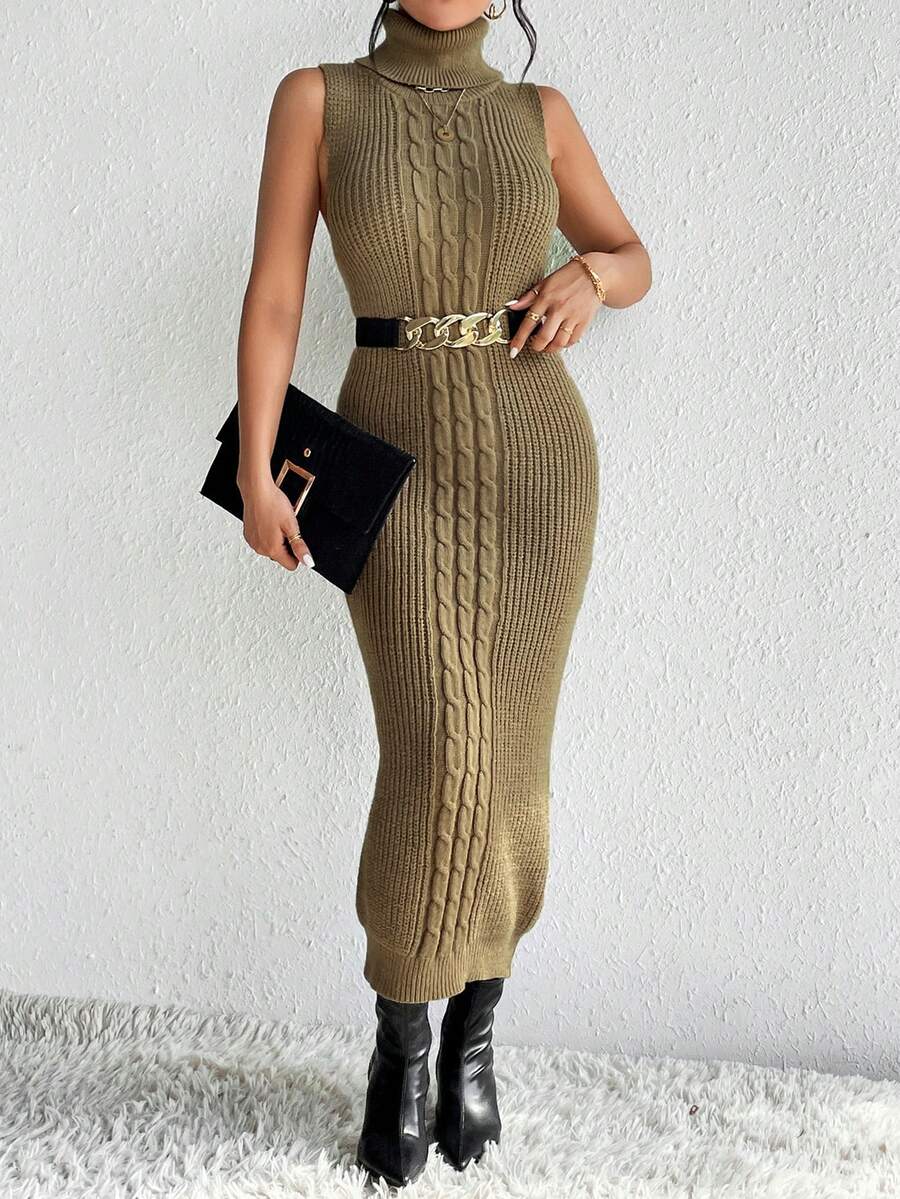 SHEIN Privé Áo len dệt kim cao cổ không có thắt lưng - Màu nâu  Mocha - Xem 1