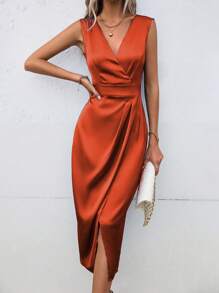 SHEIN Clasi Solid Wrap Hem Satin Dress - Orange - View 6