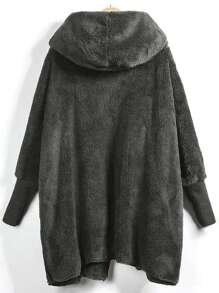 SHEIN LUNE Hooded Open Front Fluffy Teddy Coat - Dark Grey - View 2