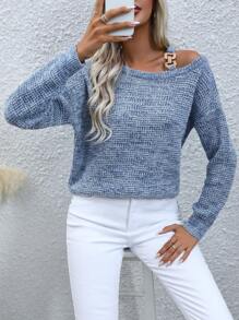 SHEIN LUNE 鏈條細節不對稱領口落肩毛衣 - 淺藍色 - 查看 1