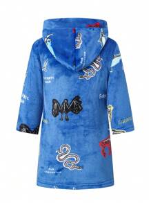 Young Boy Cartoon Embroidery Hooded Belted Flannel Robe - Blue - View 2