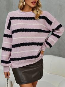 SHEIN LUNE Striped Pattern Drop Shoulder Knit Pullover Fall Winter Sweater - Pink - View 5
