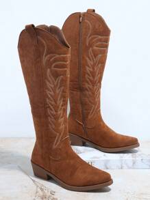SHUZIA Faux Leather Pointy Toe Side Zipper Boots - Brown - View 2