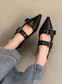 Women's Retro Pointed Toe Mary Jane Patent Leather Loafers, Vintage British Style, French Fashion Thick Heel Pumps, Spring & Autumn 2024,Elegant,Party - Black - View 3