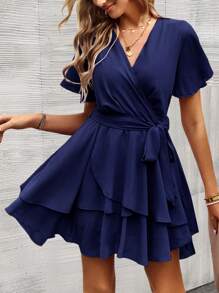 SHEIN Clasi Butterfly Sleeve Layer Hem Belted Dress - Navy Blue - View 7