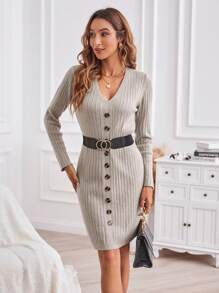 GENKIRA Button Front Ribbed Knit Sweater Dress Fall Cloth For Women - Khaki - View 3