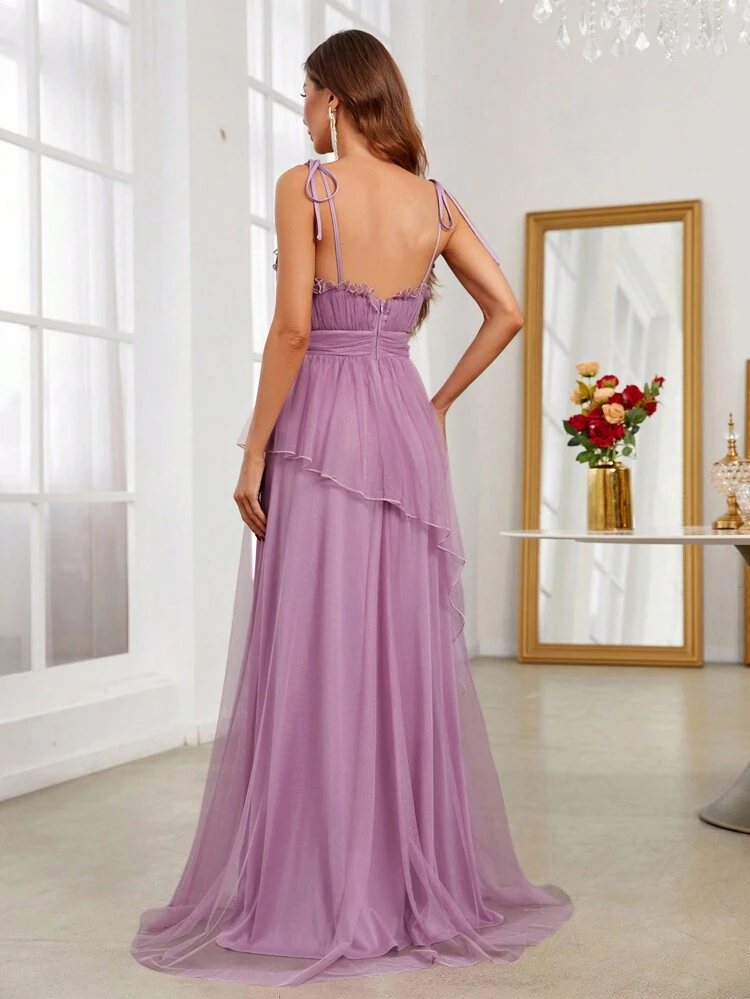 Ruffle Trim Mesh Formal Dress