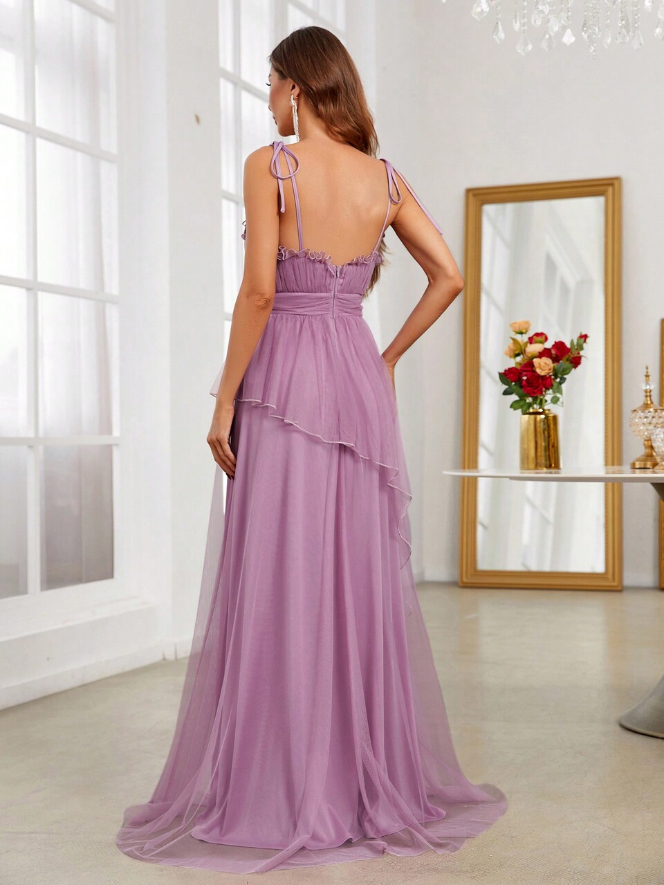Ruffle Trim Mesh Formal Dress