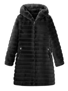 Risissida Women's Fall Winter Elegant Faux Fur Coat For A Stylish Winter Look: Pure Colored, Hooded, Straight-Cut With Pockets