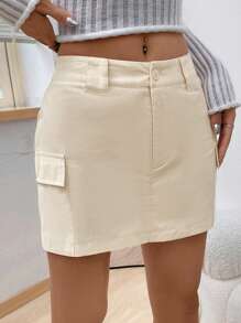SHEIN EZwear Flap Pocket Side Cargo Skirt - Khaki - View 3