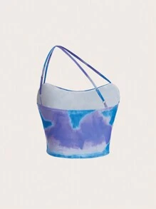 GENKIRA Nhuộm buộc Một bờ vai Xù Lưới Áo - Màu xanh lam - Xem 2