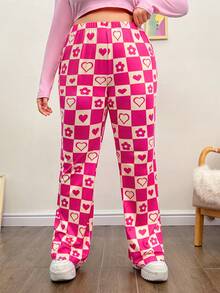 SHEIN EZwear Plus Checker & Heart Print Flare Leg Pants - Multicolor - View 2