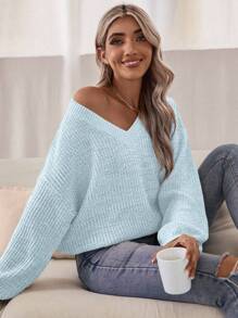 Chiquease V Neck Drop Shoulder Sweater,Long Sleeve Tops Knit Pullover Fall Winter Outfit - Baby Blue - View 3