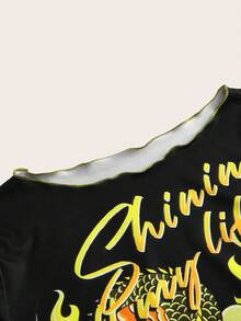 SHEIN ICON Letter & Dragon Print Crop Tee - Yellow - View 4