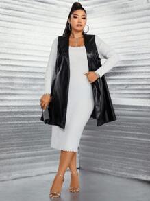 SHEIN Unity Plus Plicated Detail PU Leather Vest Coat With Belt - Black - View 4