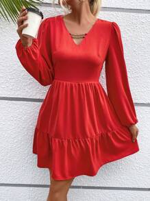 SHEIN LUNE Chain Detail Lantern Sleeve Ruffle Hem Dress - Red - View 3