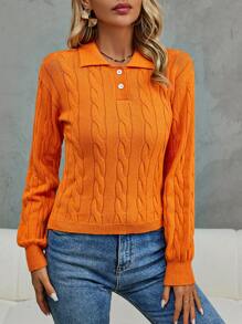 SHEIN Clasi Polo Neck Cable Knit Pullover Fall Winter Sweater - Orange - View 6