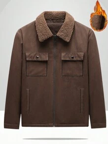 Manfinity Homme Men's Ultra-Oversized Flap Pocket Teddy Thermal Lined Zipper Front Jacket, Going Out Warm Long Sleeve Jacket, For Friends, Husband, Boyfriend Gifts, Winter, Brown Jacket, Outerwear, For Fall - Coffee Brown - View 3